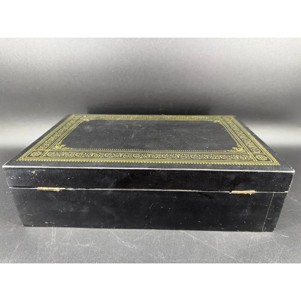 Vintage 1950s Jewelry Box Black Gold Tooled Red Velvet Lift Tray 12.5
